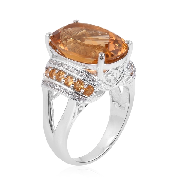 Rare Size Madeira Citrine (Ovl 18x13mm), Natural White Cambodian Zircon Ring in Platinum Overlay Sterling Silver 12.550 Ct. Silver wt 6.70 Gms.