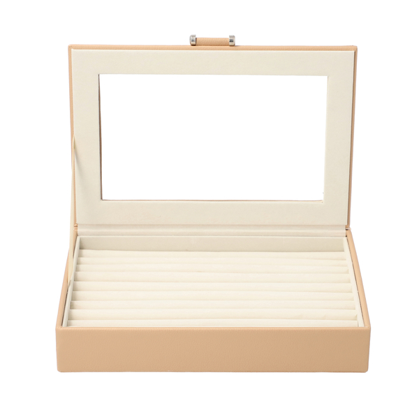 Portable Anti Tarnish Lining Jewellery Box for 100 Rings with Transparent Window (Size 26x17x5Cm) - Beige