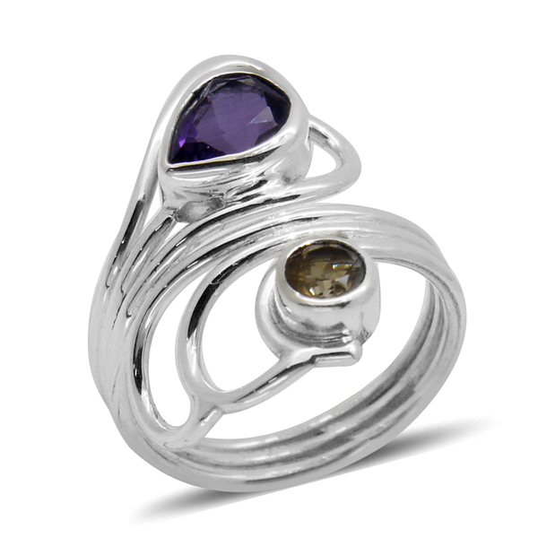 Royal Bali Collection Amethyst (Pear 1.43 Ct), Citrine Ring in Sterling Silver 1.860 Ct.