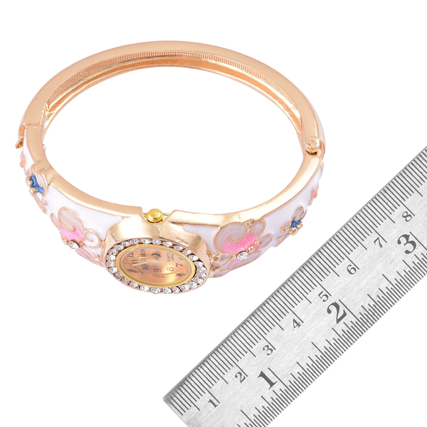 STRADA Japanese Sunshine Dial Butterfly Design White, Pink and Blue Enameled Bangle Watch in Yellow Gold Tone with White Austrian Crystal