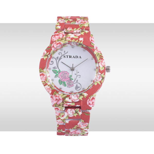 STRADA Japanese Movement Rose Pattern White Dial with White Austrian Crystal Water Resistant Watch in Silver Tone with Flower Pattern Coral Colour Strap