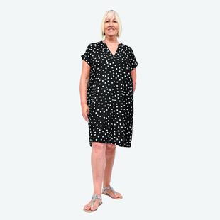 TAMSY Linen Open Neck Half Placket Spot Print Dress with Grown On Sleeve (Size L,16-18) - Black & White