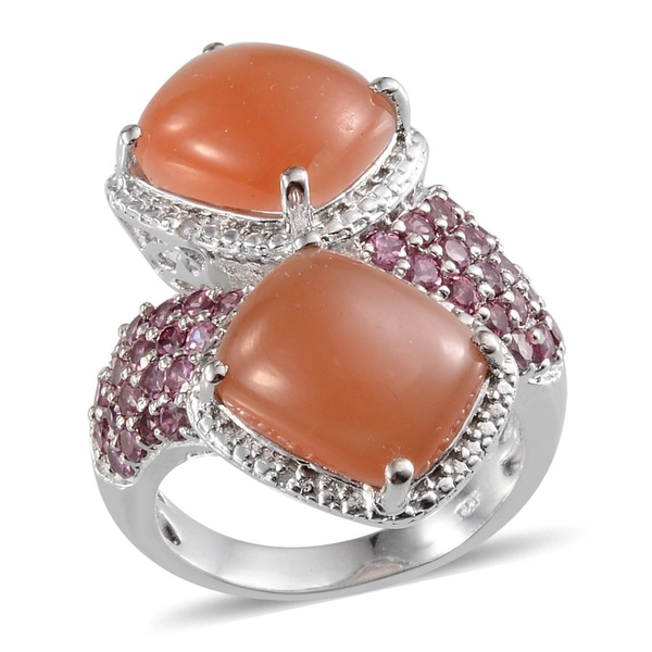 Mitiyagoda Peach Moonstone (Cush), Rhodolite Garnet and Diamond Ring in Platinum Overlay Sterling Si