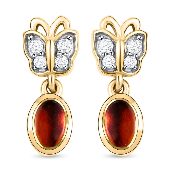 Ammolite and Natural Cambodian Zircon Dangling Earrings( With Push Back) in Vermeil Yellow Gold Over