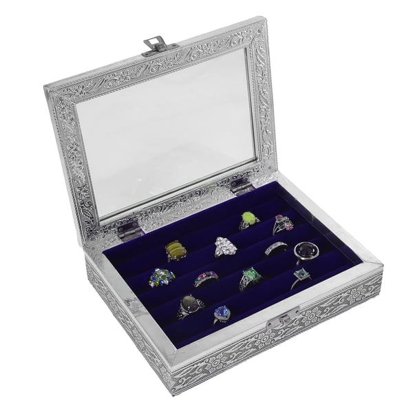 Ring Storage Box with Transparent Window and Blue Velvet Lining (Size 20x15x4.5cm)