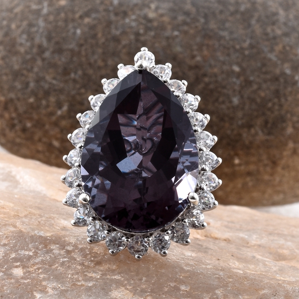 Alexandria Quartz (Pear 41.85 Ct), Natural Cambodian Zircon Ring in Platinum Overlay Sterling Silver 48.750 Ct.