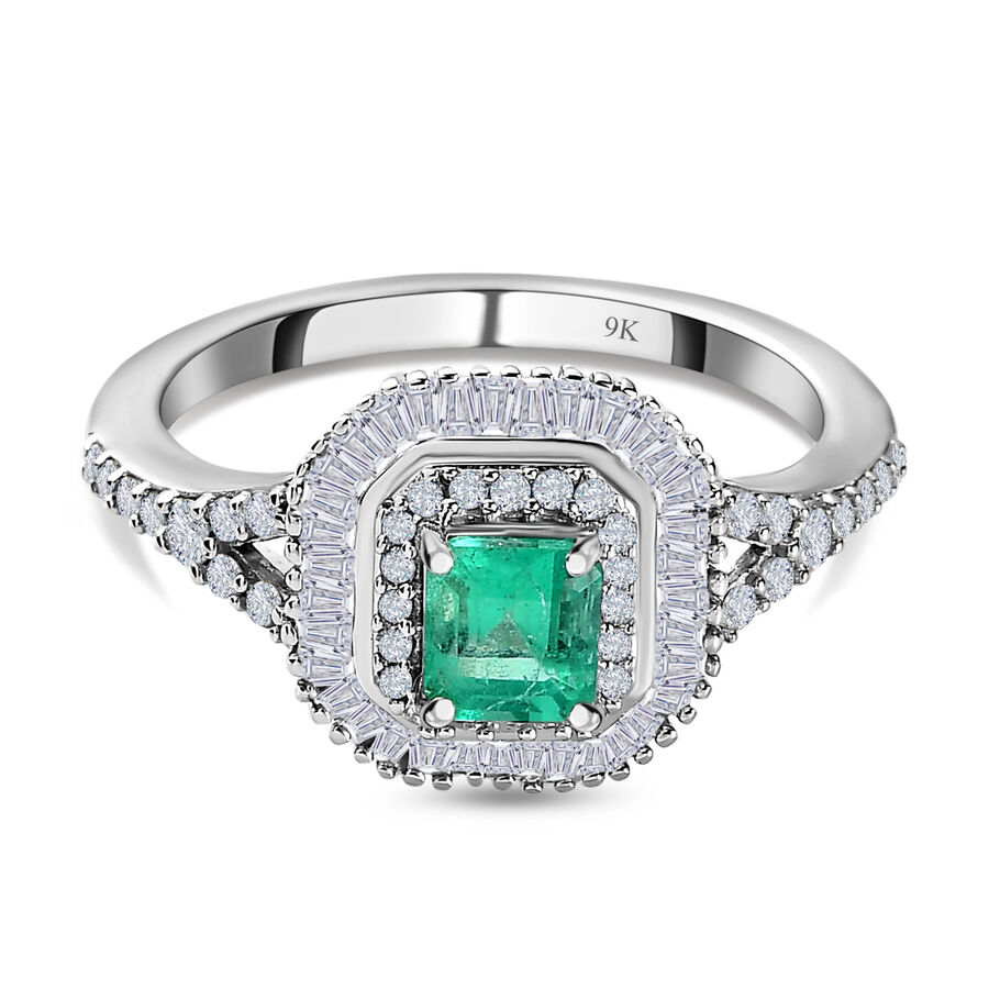 9K White Gold Colombian Emerald & Diamond Halo Ring 0.90 Ct.