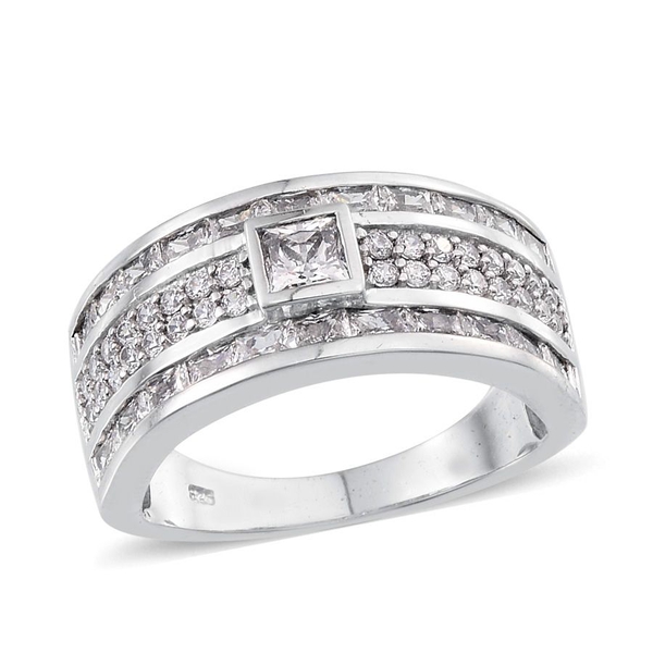 Lustro Stella - Platinum Overlay Sterling Silver (Sqr) Ring Made with Finest CZ, Silver wt 6.23 Gms.