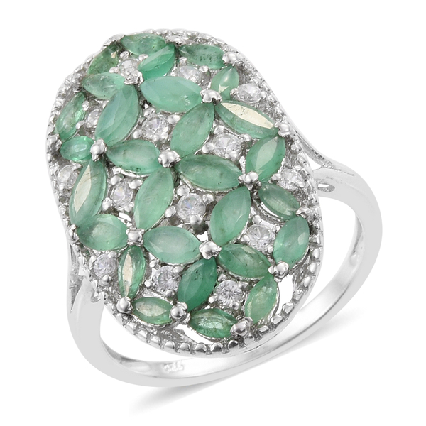 3 Carat Zambian Emerald and Cambodian Zircon Floral Ring in Sterling Silver 5.30 Grams