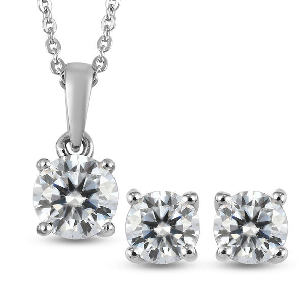 2 Piece Set - Moissanite Pendant with Chain (Size 18) and Stud Earrings (with Push Back) in Platinum