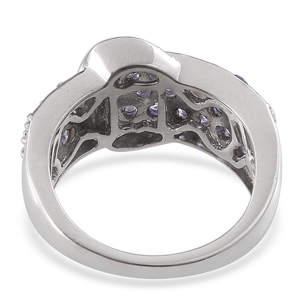 Tanzanite (Rnd), Diamond Buckle Ring in Platinum Overlay Sterling Silver 1.510 Ct.