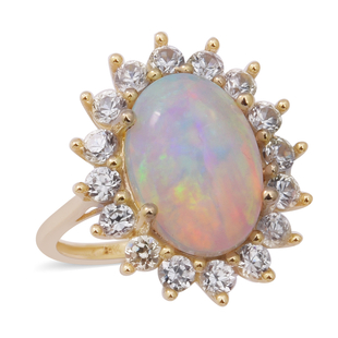 (Size L) 9K Yellow Gold Ethiopian Welo Opal (OV 14X10MM) and Natural Cambodian White Zircon Ring 6.1