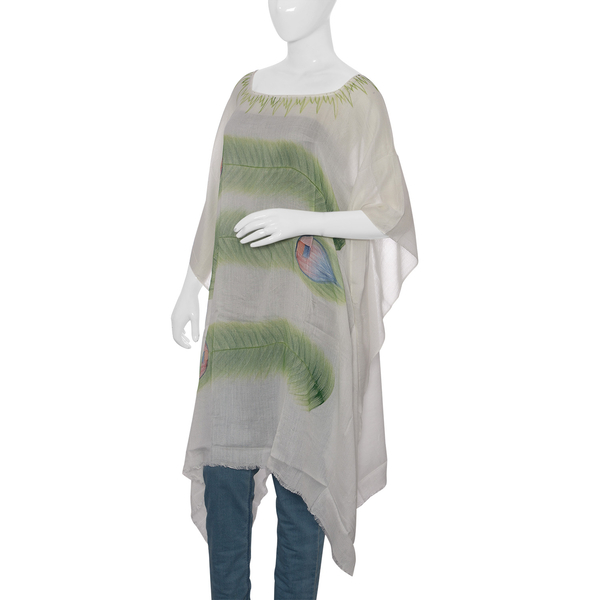 Designer Inspired Hand Painted White and Green Colour Beach tree Pattern Kaftan (Free Size)