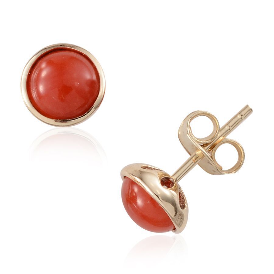 9K Y Gold Natural Mediterranean Coral (Rnd) Stud Earrings (With Push Back) 1.330 Ct.