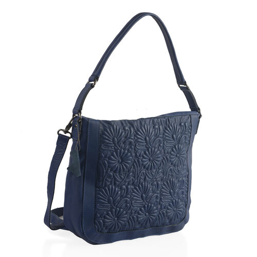 100% Super Soft New Zealand Leather Flower Quilted Navy Colour Handbag with Shoulder Strap ...