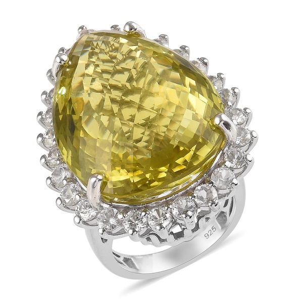 Natural Ouro Verde Quartz (Pear), Natural Cambodian Zircon Ring in Platinum Overlay Sterling Silver 56.750 Ct.
