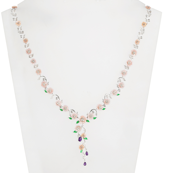 Jardin Collection Mother of Pink Pearl and Multi Gemstones Floral Necklace in Sterling Silver