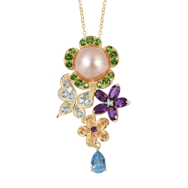 South Sea Golden Pearl (Rnd 11-11.5),  Blue Topaz, Amethyst and Multi Gemstone Floral Pendant with C