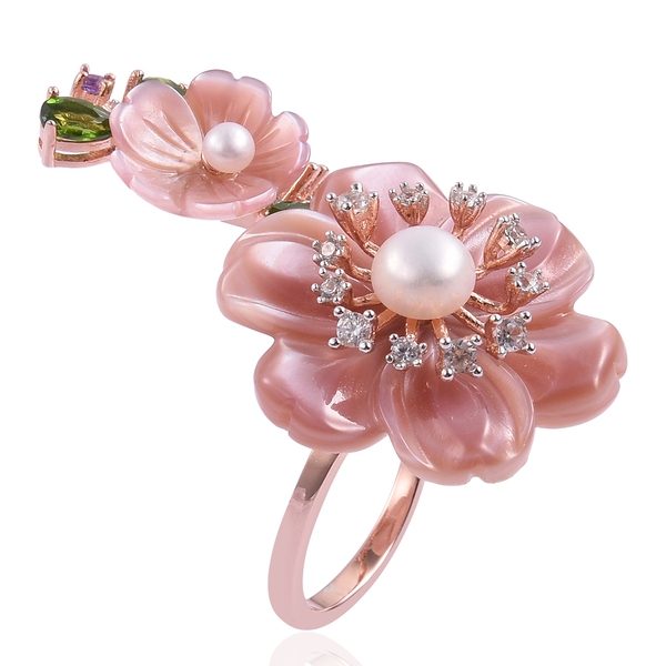 Jardin Collection -Pink Mother of Pearl, Freshwater White Pearl and Multi Gemstones Crossover Ring in Rose Gold and Rhodium Overlay with Enameled Sterling Silver 14.450 Ct, Silver wt. 5.51 Gms