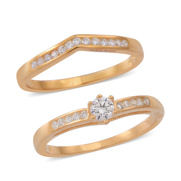 Set of 2 - ELANZA AAA Simulated Diamond (Rnd) Ring in 14K Gold Overlay Sterling Silver