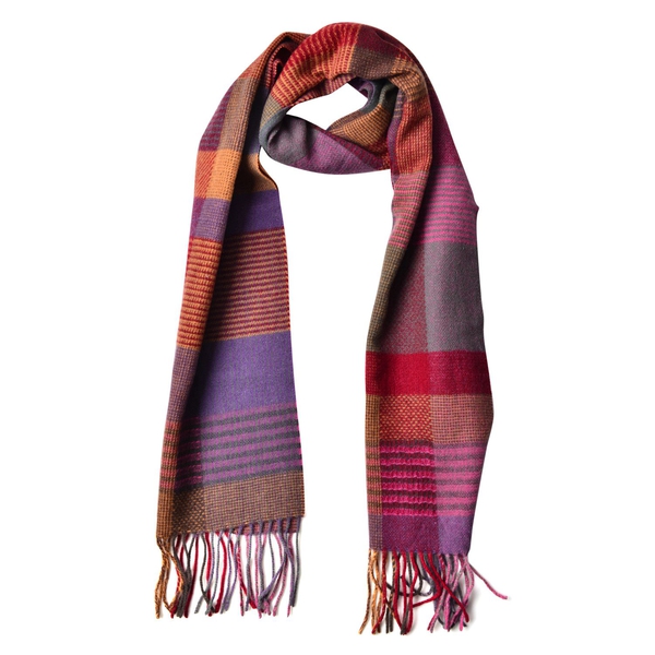 100% Wool Red, Purple and Multi Colour Checks Pattern Scarf with Tassels (Size 160x30 Cm)