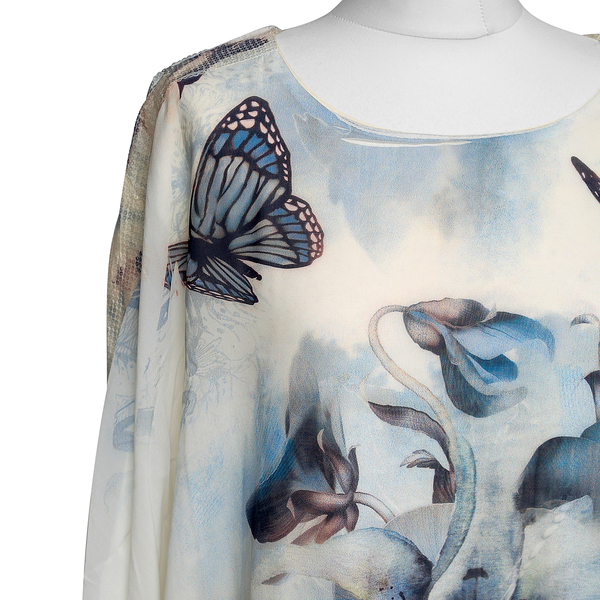 100% Viscose and Cotton Floral and Butterfly Watercolour Print Floaty Chiffon Top (Size:8-16) - Blue