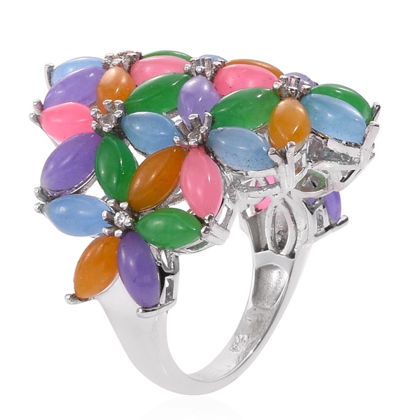 Green, Purple, Blue, Yellow, Pink Jade (Mrq), Natural Cambodian Zircon Floral Ring in Platinum Overlay Sterling Silver 15.250 Ct.