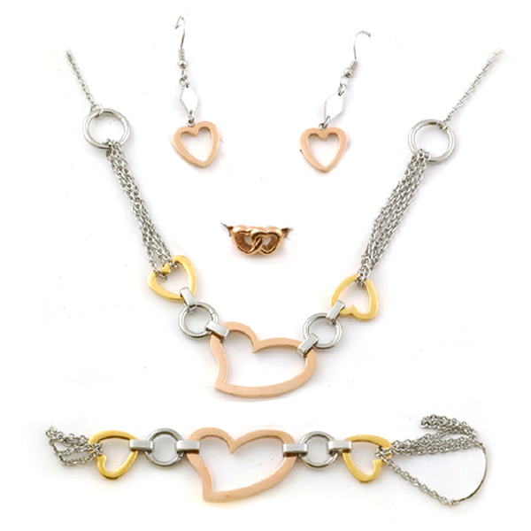 Yellow Gold Rose Gold and Silver Tone 4 Pcs Ring  Earring Bracelet and Necklace (Size 20.00) Set