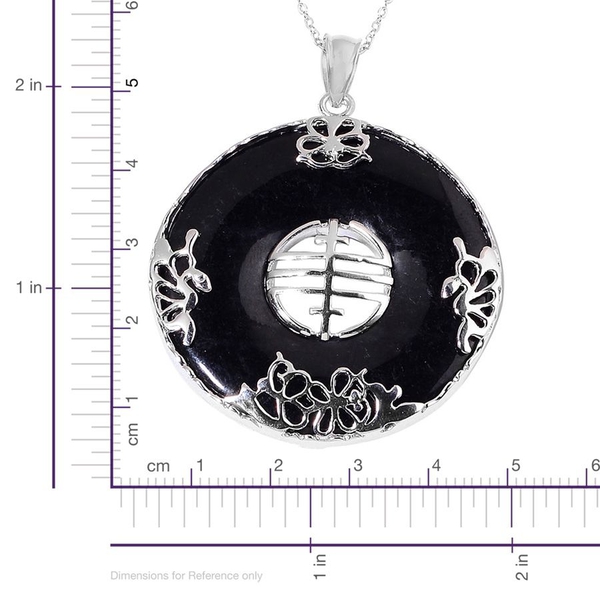 Black Jade Chinese Character FENG (Abundance) Pendant With Chain in Rhodium Plated Sterling Silver 63.000 Ct.