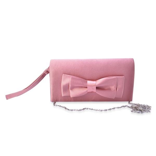 Pink Satin Bow Clutch with Removable Chain Strap (Size 30x10 Cm)