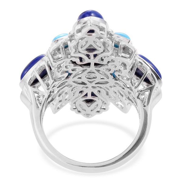 Royal Jaipur Lapis Lazuli (Rnd 5.25 Ct), Arizona Sleeping Beauty Turquoise and Ruby Ring in Platinum Overlay Sterling Silver 11.500 Ct.