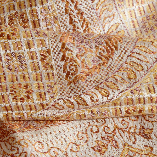 SILK MARK - 100% Superfine Silk Peach and Multi Colour Floral Pattern Jacquard Jamawar Scarf with Tassels (Size 185X70 Cm) (Weight 125 to 140 Gms)