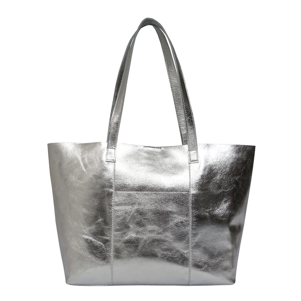 ASSOTS LONDON Genuine Leather Maisie Metallic Shopper Bag (Size 33x28x12 Cm) - Silver