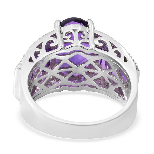 Extremely Rare Size - Lusaka Amethyst (Ovl 14x10 mm 5.16 Ct), Natural White Cambodian Zircon Ring in Rhodium Plated Sterling Silver 8.720 Ct. Silver wt 8.50 Gms.