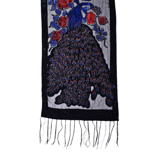 Black, Blue and Multi Colour Peacock and Floral Pattern Scarf with Tassels (Size 158X50 Cm)