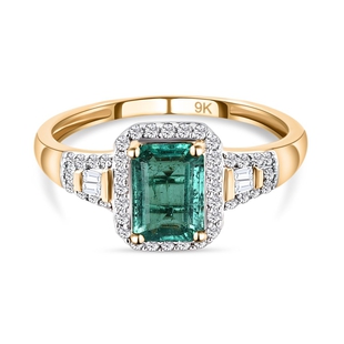 9K Yellow Gold AAA Kagem Zambian Emerald and Diamond Ring 1.15 Ct.