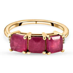 African Ruby, Diamond  3 Stone Ring in 14K Gold Overlay Sterling Silver 2.790  Ct.