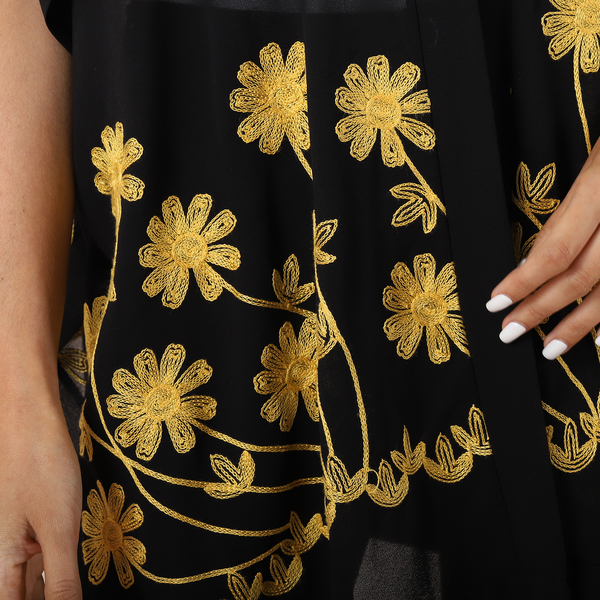JOVIE Chiffon Floral Embroidery Kimono (Size:90x75 cm) - Black & Yellow