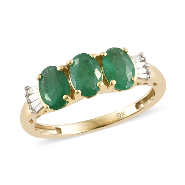 1.25 Carat AA Emerald and Diamond 3 Stone Ring in 9K Gold 1.81 Grams