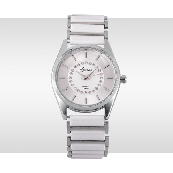 GENOA Japanese Movement White Austrian Crystal Studded Silver Dial Water Resistant Watch in Silver Tone with Stainless Steel Back and White Ceramic Strap