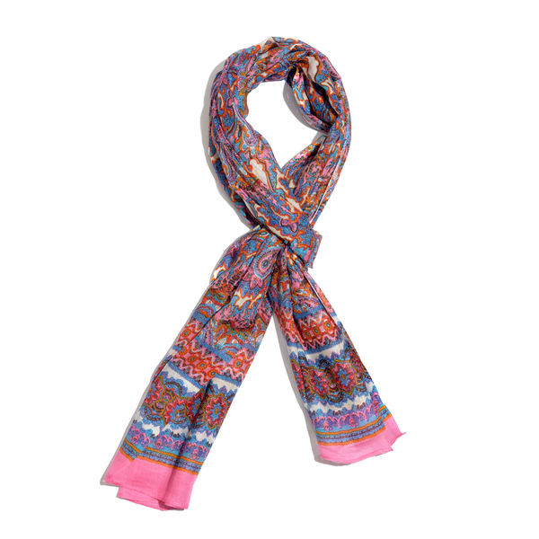 Set of 2 - Pink, Blue and Multi Colour Floral and Paisley Pattern Scarf (Size 180X70 Cm), Blue and Grey Polka Dots Pattern Scarf (Size 160X105 Cm)