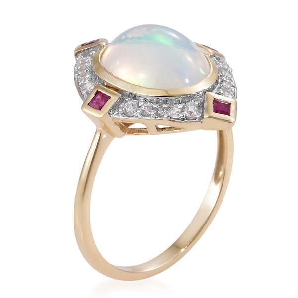 9K Yellow Gold AAA Very Rare Size Ethiopian Welo Opal (Ovl 12x10mm), Ruby and Natural Cambodian Zircon Ring 3.000 Ct.