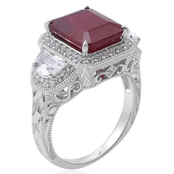 Very Rare Size -African Ruby (Oct 9.15 Ct), White Topaz Ring in Rhodium Plated Sterling Silver 11.500 Ct. Silver wt 6.50 Gms.