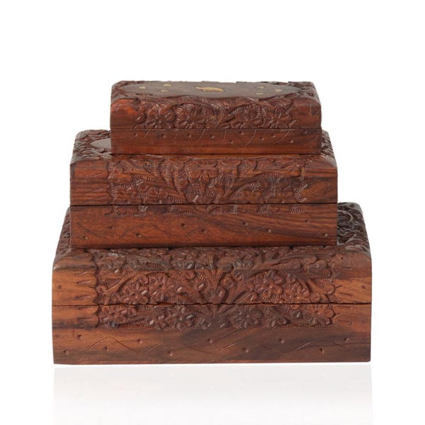 Set of 3 - Limited Available Elephant Brass Inlay Indian Rosewood Carved Jewellery Box with Black Ve