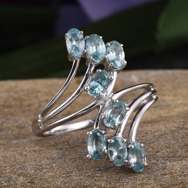 AA Natural Cambodian Blue Zircon (Ovl) Crossover Ring in Platinum Overlay Sterling Silver 2.750 Ct.