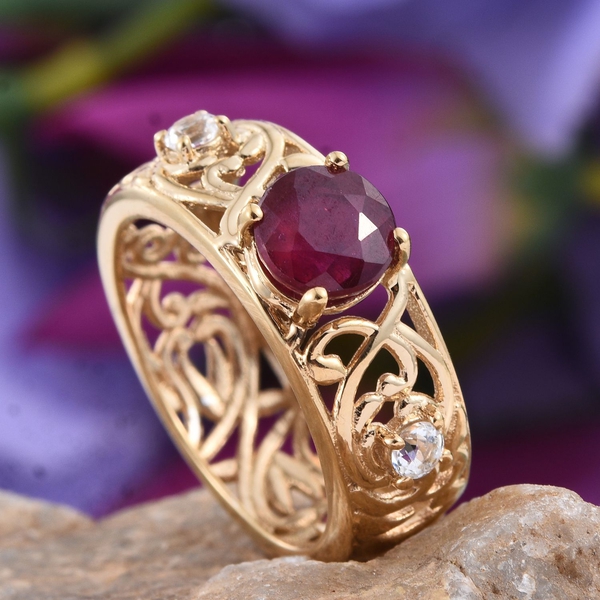 Royal Jaipur African Ruby (Rnd 1.75 Ct), Ruby and White Topaz Ring in 14K Gold Overlay Sterling Silver 2.030 Ct.
