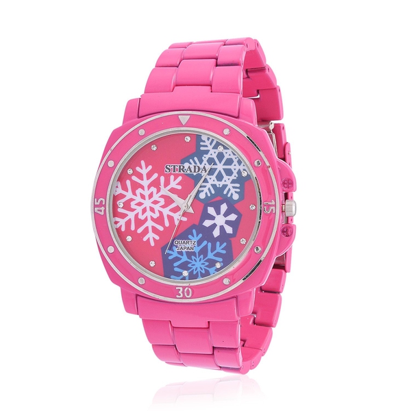STRADA Japanese Movement White Austrian Crystal Studded Pink Snowflake Dial Water Resistant Watch in