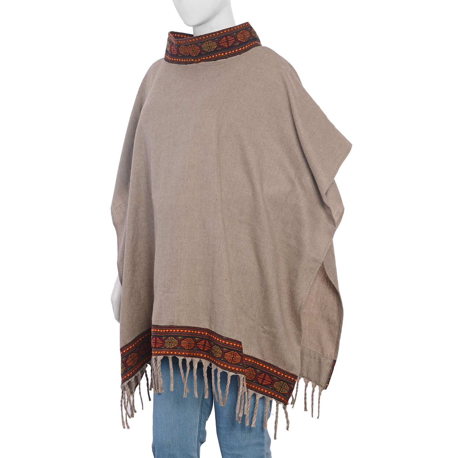 Hand Woven Traditional Kullu Weave Poncho with Woollen Border (Size 96.52x76 Cm) Khaki and Multi Colour