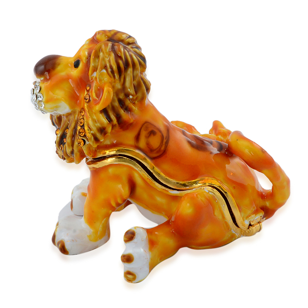 Yellow Colour Enameled Lion Shape Trinket Box in Gold Tone Decorated with Multi Colour Austrian Crystal