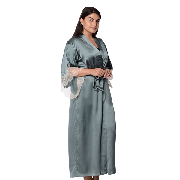 100% Mulberry Silk Long Robe with Kimono Style Sleeves with Lace  in Gift Box (Size S-M) - Teal